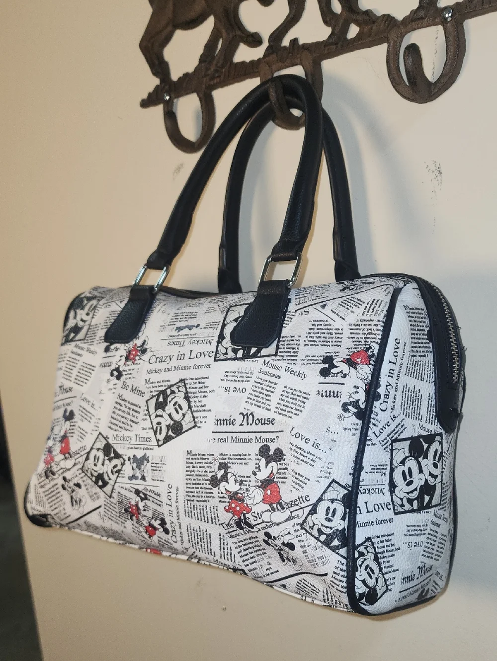 Mickey Minnie Newspaper Satchel Black White Crazy In Love Soulmate Disney Barrel